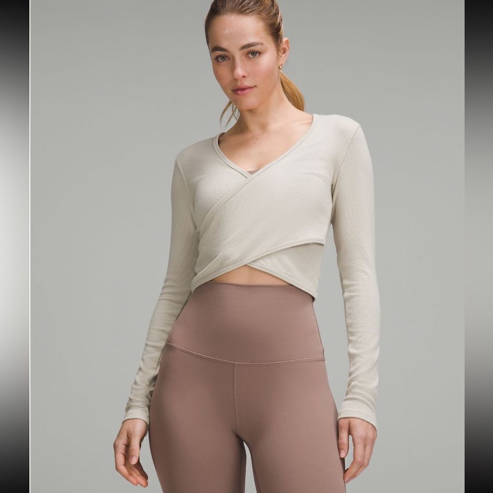 NWT New LULULEMON Wrap Front Ribbed Long Sleeve Top Cropped Mojave Tan MOVT 10